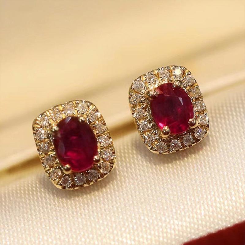 Fashion Red Cubic Zirconia Stud Earrings Luxury Gold Color Wedding Ear Accessories for Women Versatile Jewelry Wholesale