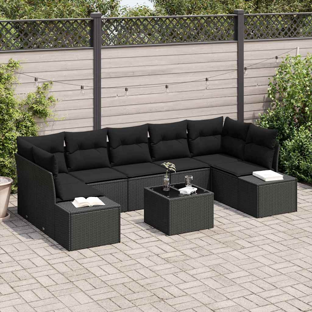 8 Piece Black Poly Rattan Garden Sofa Set with Cushions