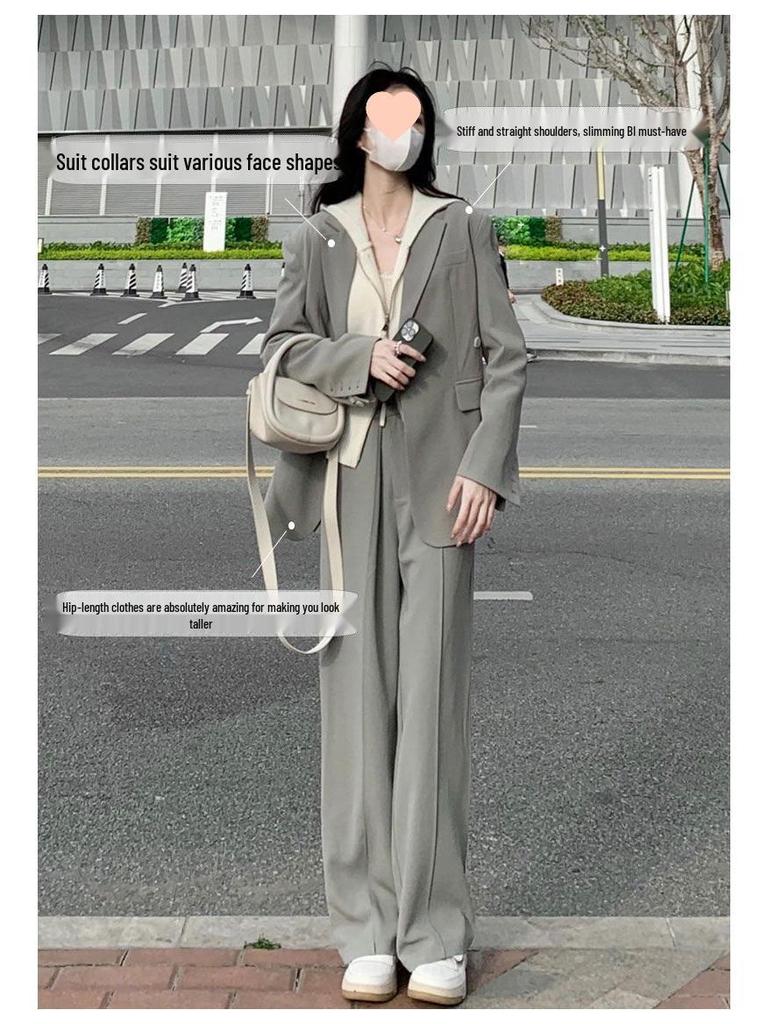 Grauer Blazer für zierliche Frauen, zweiteiliges Set - 2025 Frühling & Herbst, lockerer Freizeitanzug