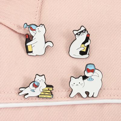 Cartoon Cat Red Wine Enamel Pins Funny Sunglasses Whiskey White Kitten Animal Brooches Lapel Badge Jewelry Gifts for Friends