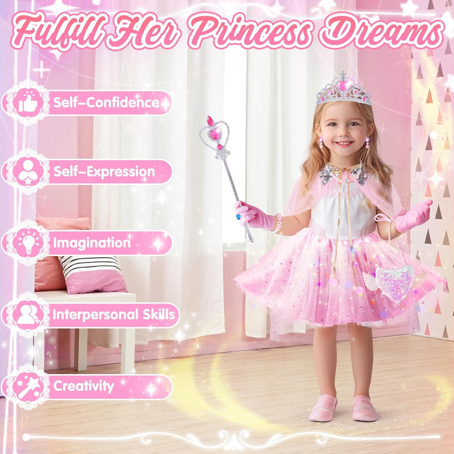Princess Dress Up Clothes for Little Girl, Light Up Princess Cape Set with Crown, Princess Dresses for Girls 3-8 Role Play, Princess Toy Gift for
