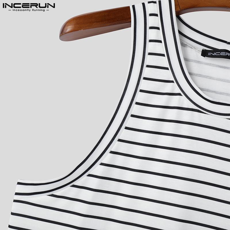 INCERUN Men Sleeveless Striped Print Casual Loose Tank Tops