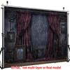 2D Dark Academia Room Backdrop, Ornate Red Curtains, Candelabra & Antique Frames Decor