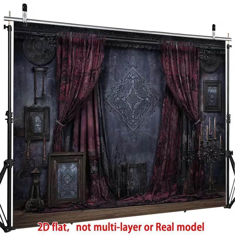 2D Dark Academia Room Backdrop, Ornate Red Curtains, Candelabra & Antique Frames Decor