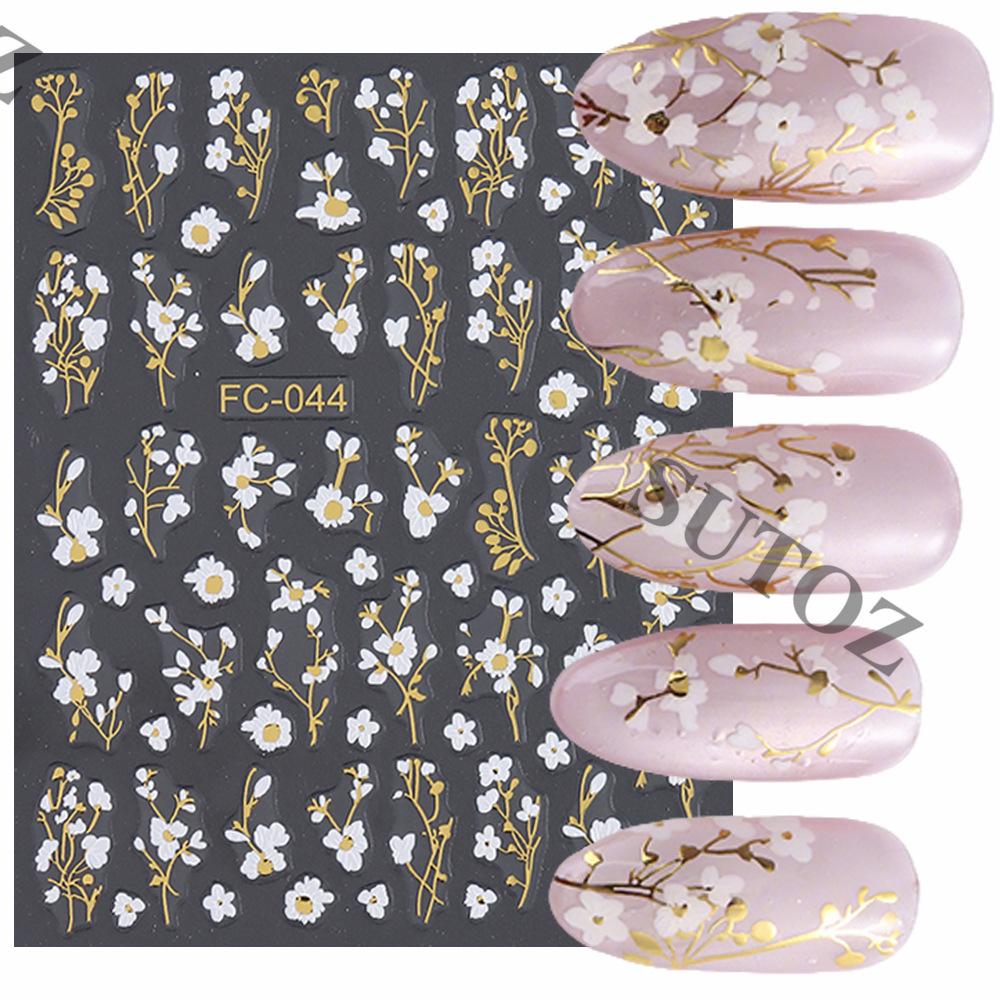2026 Gold Foil Spring Floral Nail Art Stickers - Small White Flowers & Plant Branches