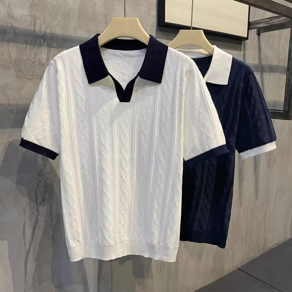 Polo de Punto de Seda de Hielo de Gama Alta para Hombre con Jacquard en Contraste - Moderno, de Manga Corta, Camiseta de Verano
