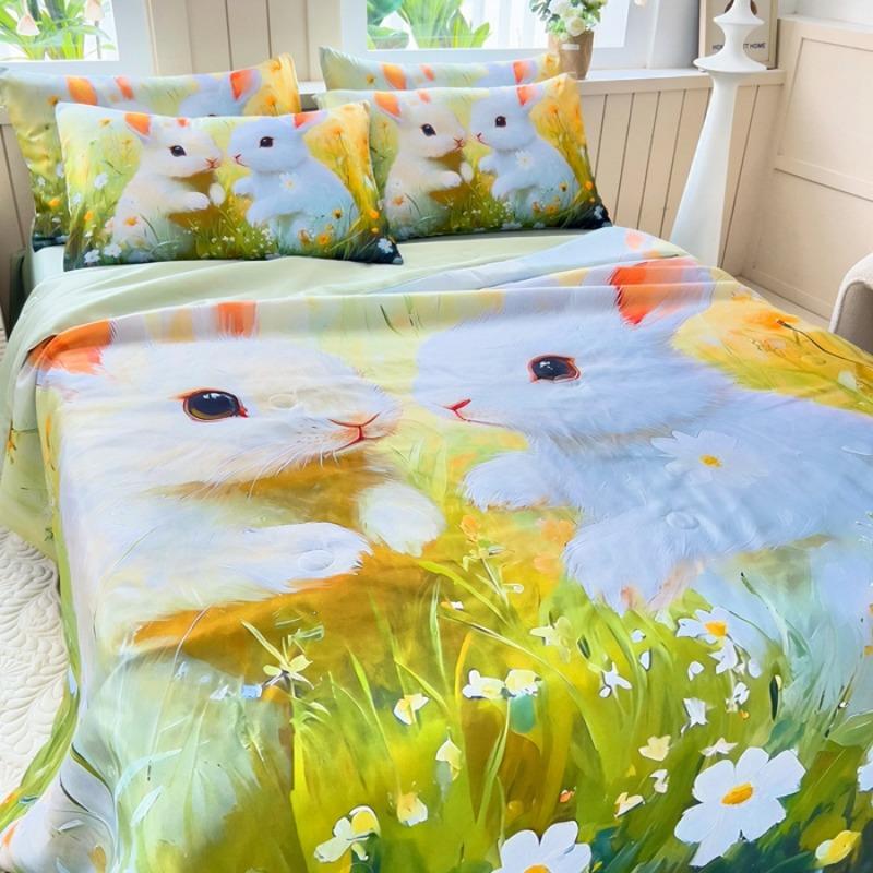 Class A Summer Quilt Four-piece Series Cute Cat Rabbit Printing Four-piece Summer Quilt Sheet Pillowcase