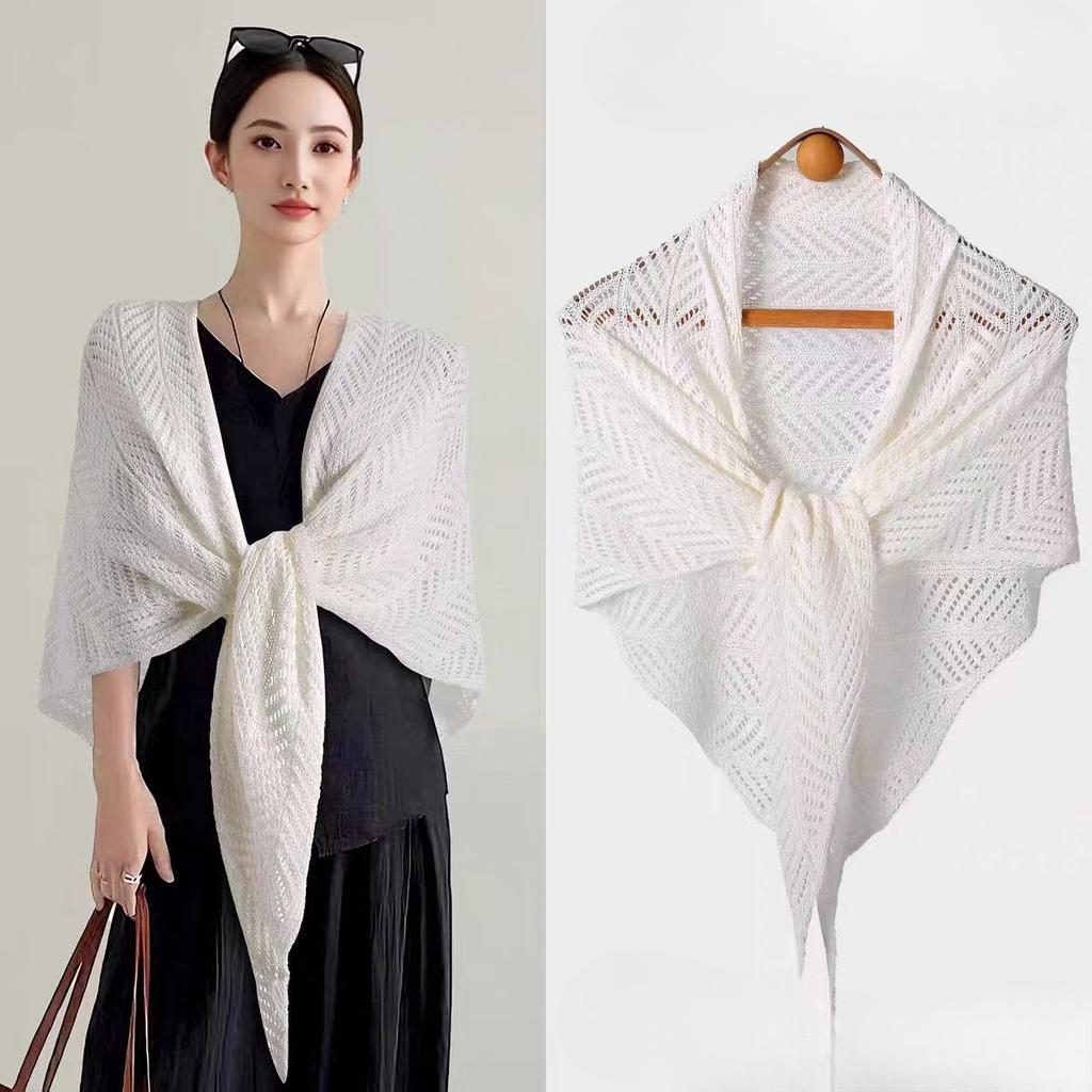 Summer Hollow Out Knitted Shawl Solid Color Women Ladies Fake Collar Neck Guard Knit Thin Knotted Cape Shoulder Scarf For Women