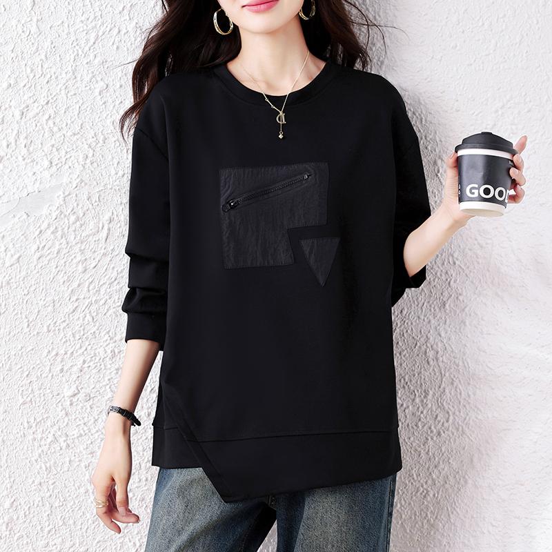 DIMANAF 2025 Plus Size Women Hoodies Shirts Autumn T-shirt Long Sleeve Loose Casual Tops Tees Black