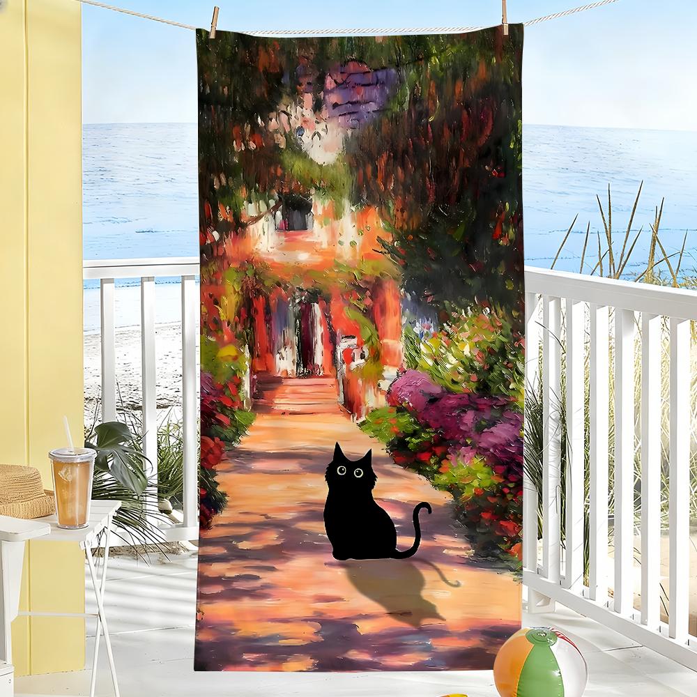 Art Black Cat In Flowers Garden Towel Soft Pool Gift For Travel Gym Shower Camping Quick Dry Sports Large Beach Towels