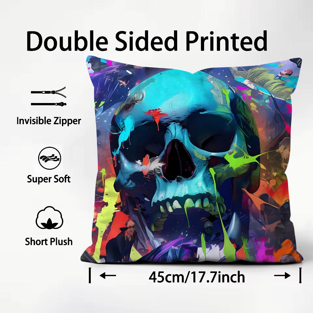 Colorful Skull Cool Cushion Cover Plush Fabric Soft Double-Sided Printed Sofa Warm Winter Home Child Gift Pillow Case