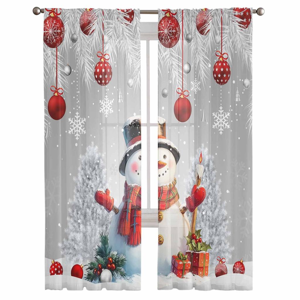 Snowman Pine Leaves Christmas Ball Curtains For Living Room Bedroom Home Decoration Window Voile Tulle Curtain Drapes