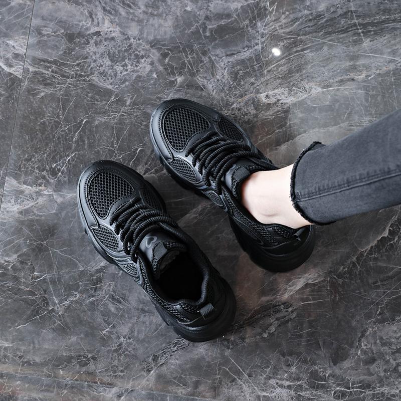 TUINANLE Black Women Platform Sneakers Breathable Lace Up Chunky Casual Comfort Walking Shoes
