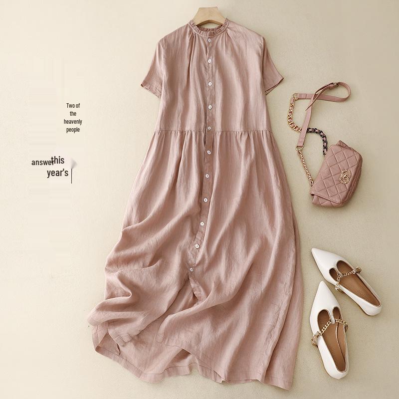 Reversible 2023 Summer Cotton Linen Ruffle Collar Dress with Swing Skirt & Short Sleeves