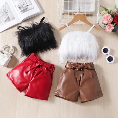 Flickor Furry Hängseltopp Enfärgad + Lädershorts Kostym med Bälte Barnkläder Fjäderrem Crop Skjorta 2-delars Set