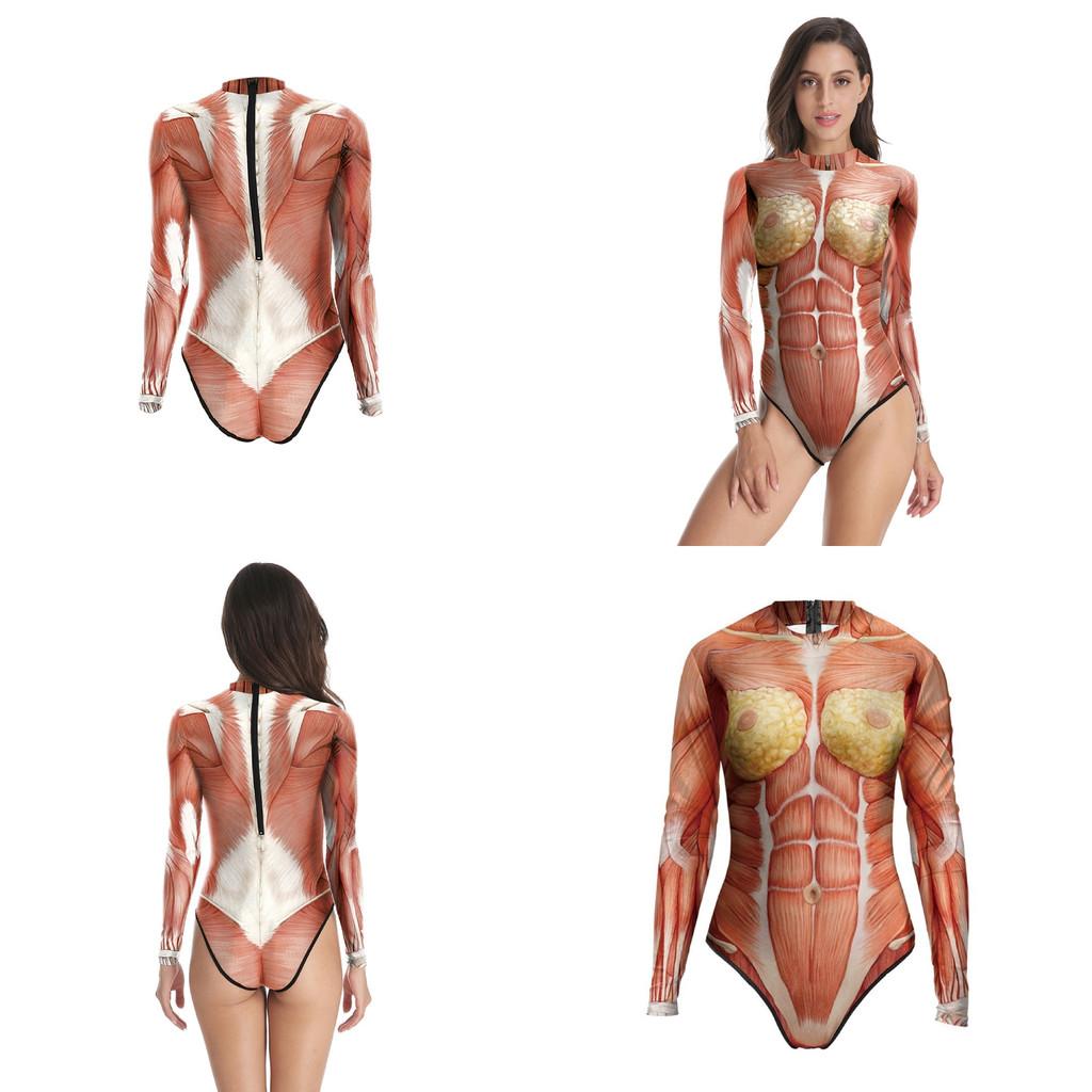 Body Tissue Print Swimwear Beach Pool One Piece Tight Long Sleeve Bikini Women