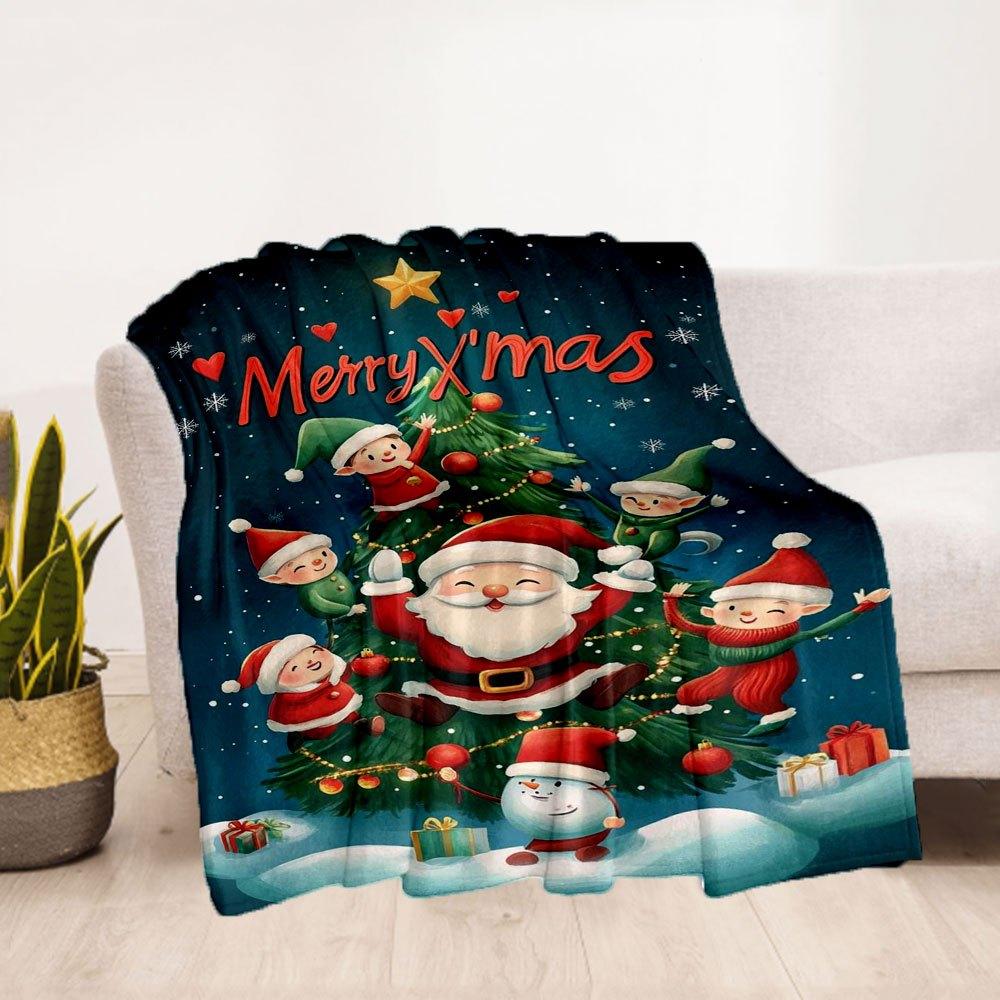 "Merry Christmas Elf & Santa Claus Decorations"Blanket Flannel Throw Blanket for Sofa, Bed, Travel, Camping, Office