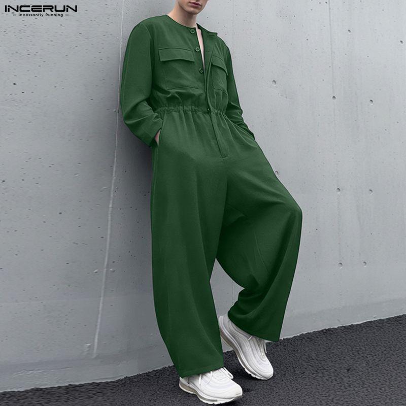 INCERUN Men Collarless Long Sleeve Belt Solid Sports Casual Buttons Long Jumpsuits Rompers