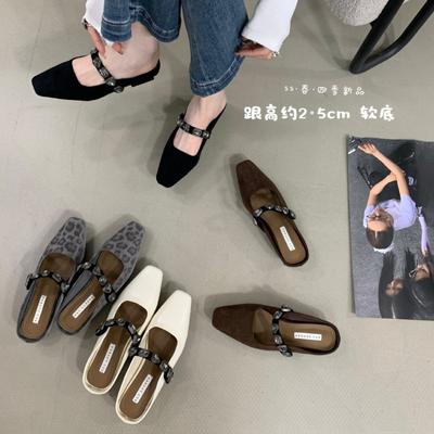 French Square Head Bag Head Half Drag Sandals Women's Summer 2025 New Light Mouth Low Heel Thick Heel Mary Jane Sandals