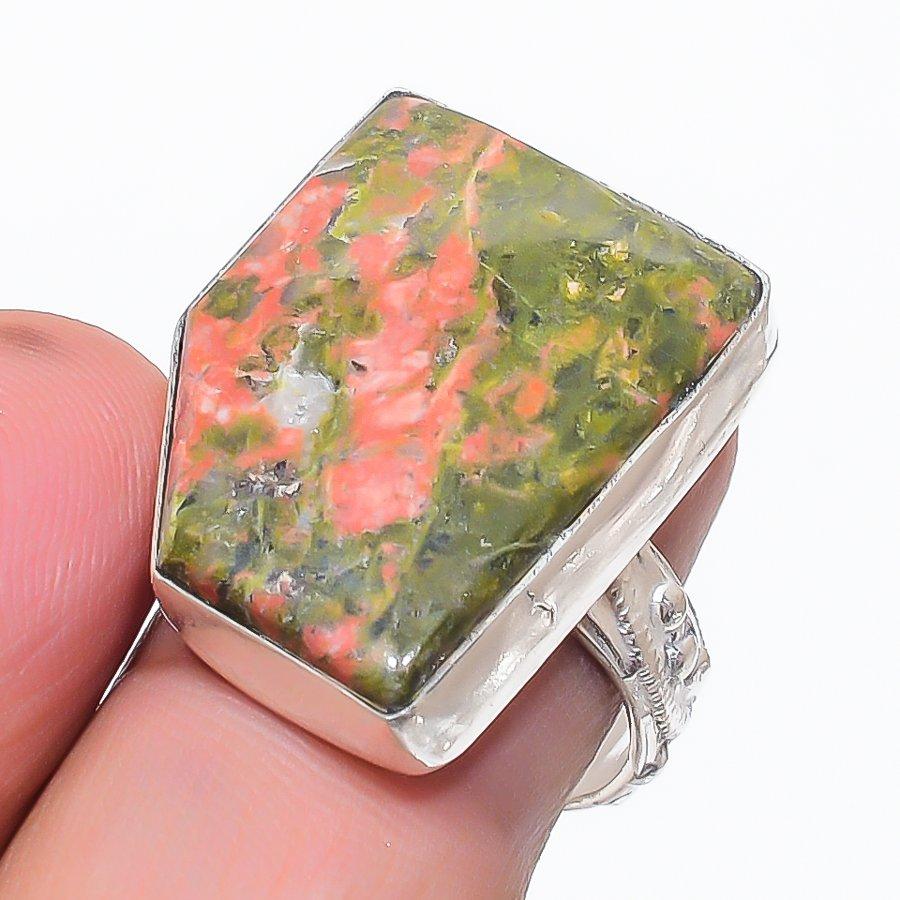 Natural Unakite Gemstone Handmade 925 Sterling Silver Jewelry Ring Size 8 P6p99