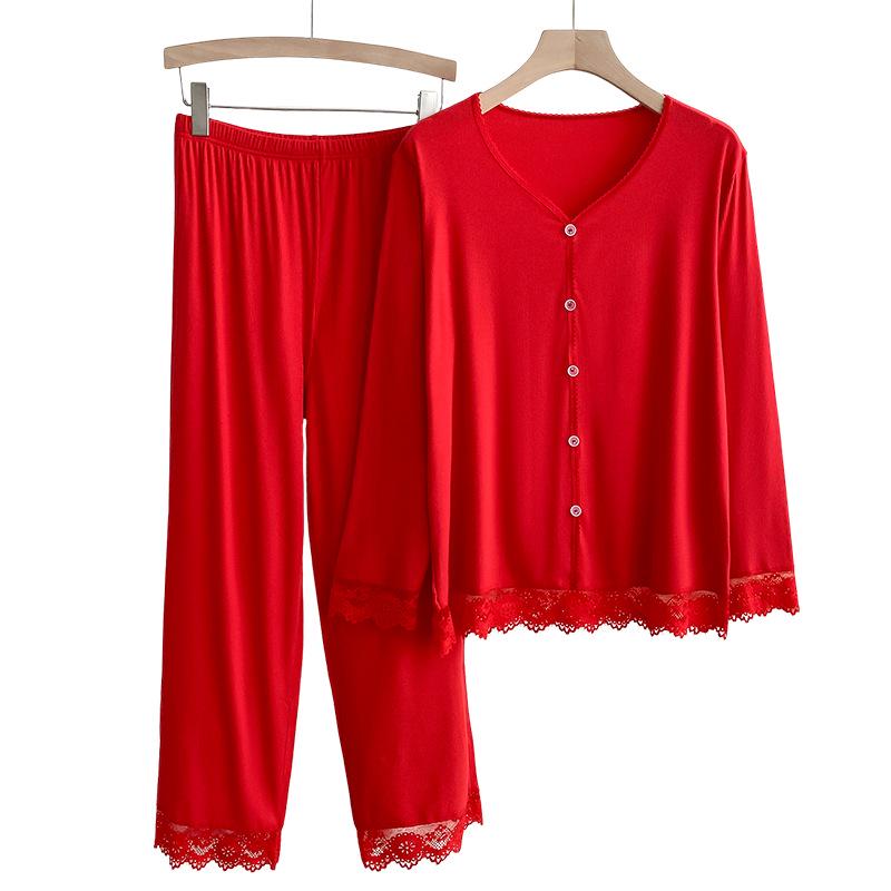Lace Long Sleeve Pajama Set: Women's Loose-Fit Autumn/Winter Wear, Versatile for Outdoor Use.