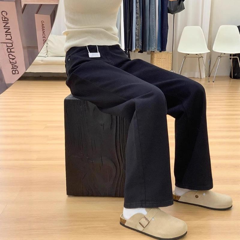 Black narrow wide-leg jeans for women, autumn and winter new velvet pear-shaped loose straight floor pants