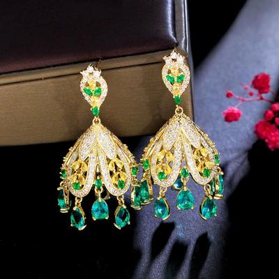 CMM Indische Trendy Gold Farbe Mehrfarbige Zirkonia Glocke Lange Ohrringe für Frauen Luxus Dubai Braut Schmuck