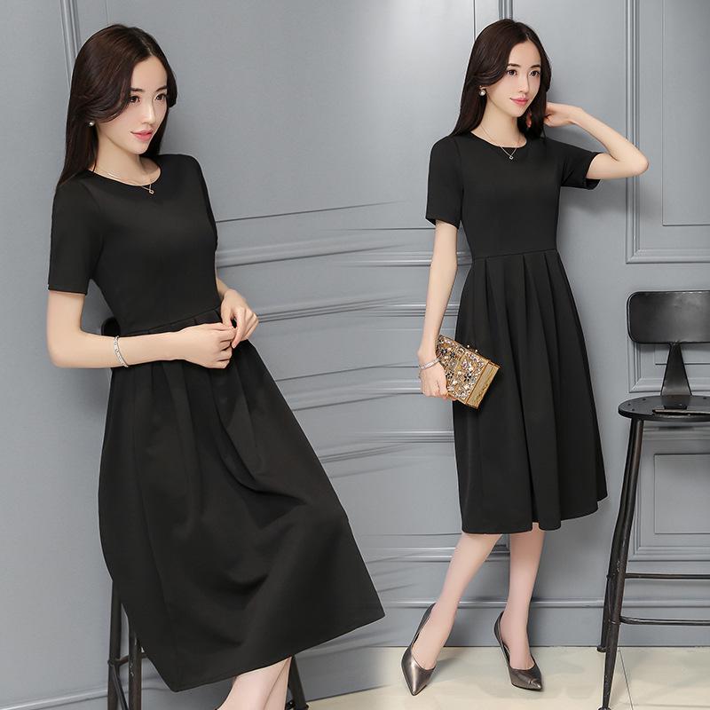 

French Retro Black Puff Sleeve Slimming Dress for Women Large