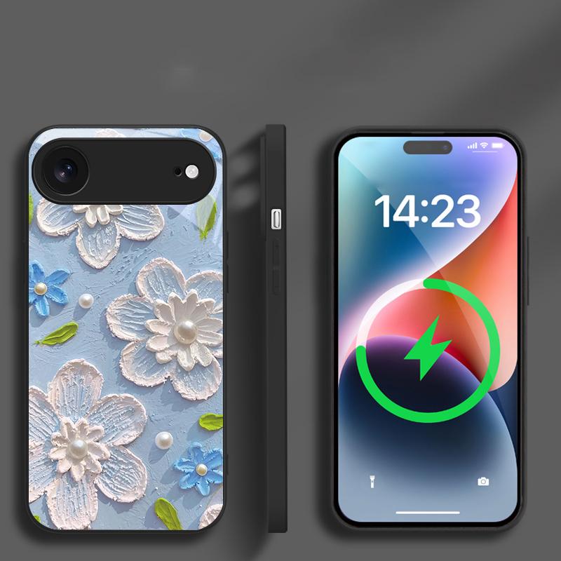Cream Rice White Petals Suitable for iPhone 17 Pro Max 16E 15 Pro 14 13 Plus 12 Mini 11 XR Xs 7 8 16 Air Black Glass Phone Case