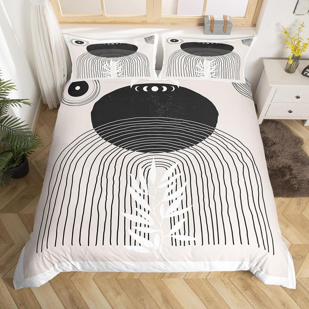 Abstract Red Sun Geometric Lines Duvet Cover Aesthetic Bedding Set Vintage Minimalist Comforter Cover Modern Circle Quilt Cover