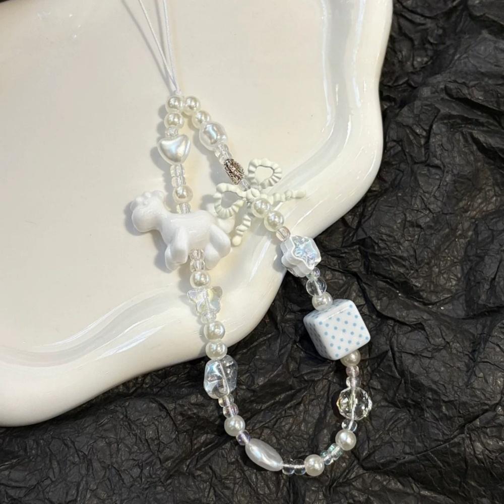 ins style white pony bow beaded phone strap for ccd camera bag charm phone case lanyard