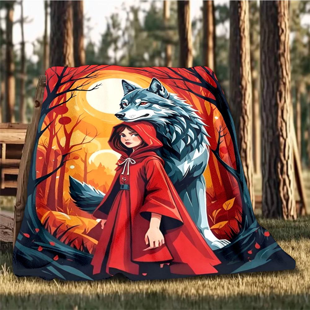 1pc Wolf Red Riding Hood Throw Blanket Polyester Fiber, Lightweight Flannel, Soft & Warm, All Season Use for Outdoor, Camping Digital Print