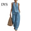 Einfaches Elegantes Anzug Zweiteiliges Baumwoll Leinen Sets für Damen Ärmellos V-Ausschnitt Lässig Formell Tragen Neckholder Top Passende Weite Hosen Sommerurlaub
