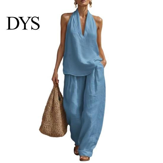 Einfaches Elegantes Anzug Zweiteiliges Baumwoll Leinen Sets für Damen Ärmellos V-Ausschnitt Lässig Formell Tragen Neckholder Top Passende Weite Hosen Sommerurlaub