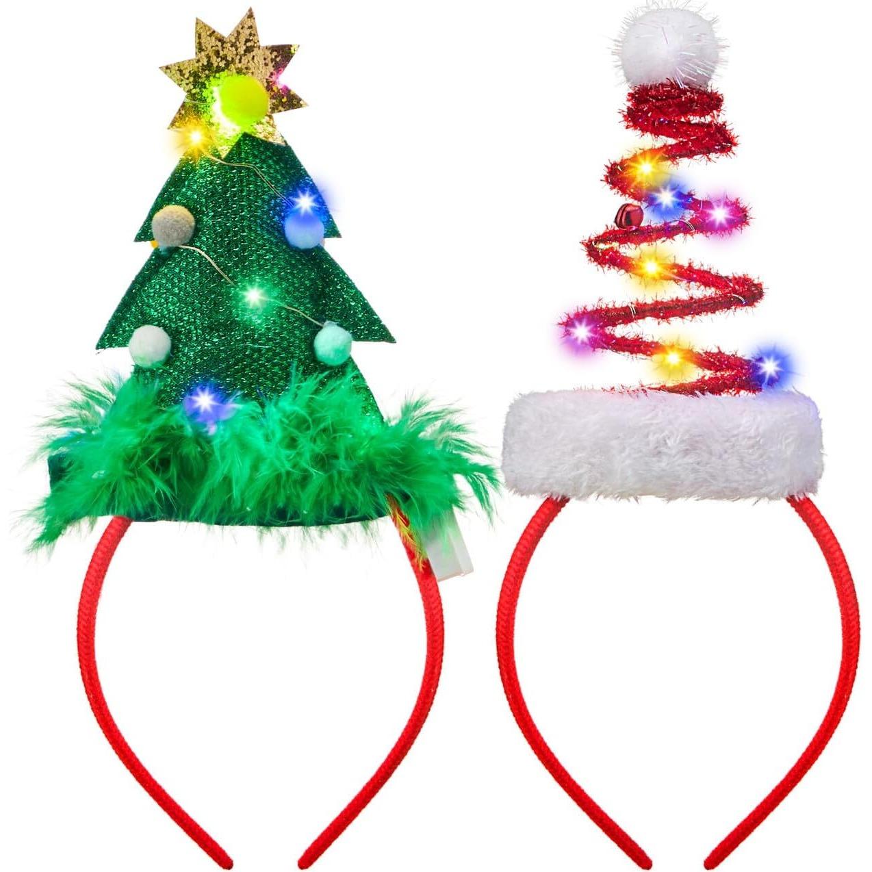 

JOYFY 2 PCS Lighted Christmas Headbands with LED lights in Springy Santa Hat Tree Designs for Christmas and Holiday Parties