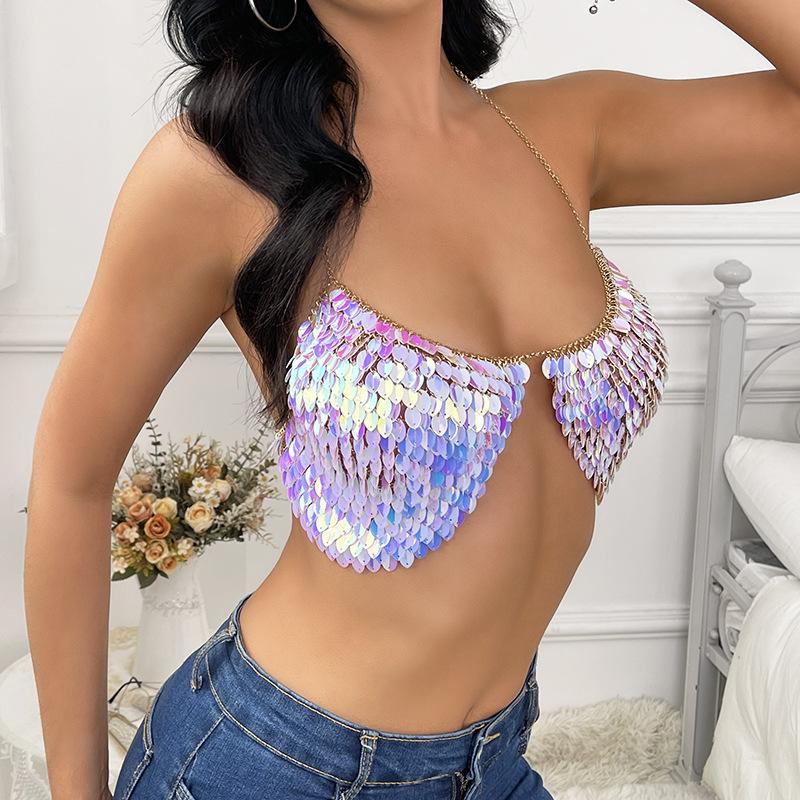 2024 Fashion Ins New Gradual Change Sequins Sexy Bra Body Chain Hot Backless Neck Sling