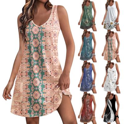 Γυναικείο casual sundress με τσέπες Καλοκαιρινό Boho Beach Φόρεμα Floral Μπλούζες για Γυναικεία T-Shirts Φόρεμα V λαιμό Loose Tank φορέματα