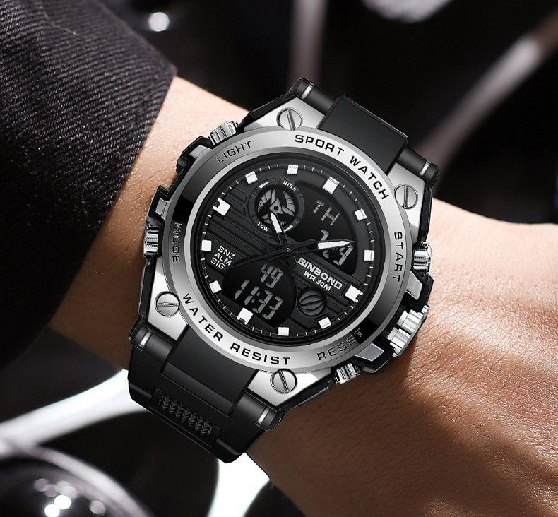 BINBOND LED Digital Watch Men Waterproof Luminous Double Display Quartz Wristwatches Men's Fashion Silicone Band Man Watches