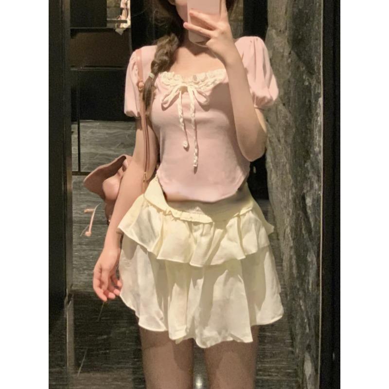 Sweet Kawaii Blouse Women Evening Party Elegant Y2K Crop Top Office Lady Casual Short Sleeve Shirt Korean Fashion Chic