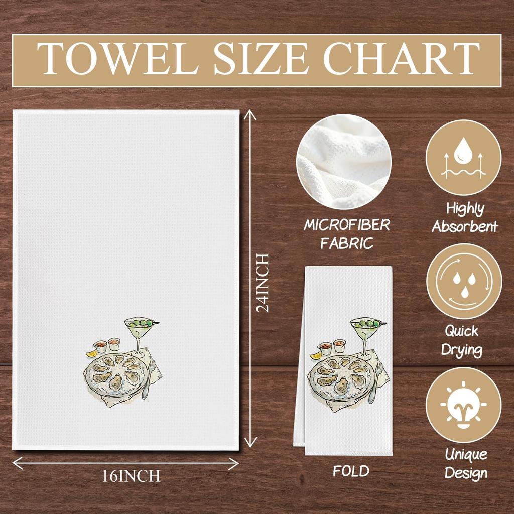 Watercolor Coastal Beach Kitchen Towels, Martini Oyster Seafood Meal Decorative Dish Tea Towels, Nautical Beachy Hand Towels for Kitchen Dining Room