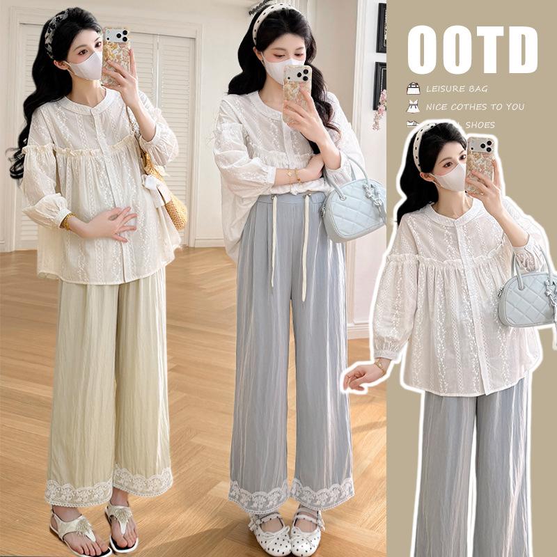 2026 Stylish Summer Maternity Two-Piece Set: Sweet Patchwork High-Waisted Shirt & Adjustable Pants M