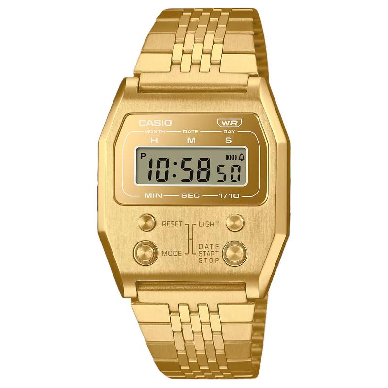 Casio Ganzmetall-Serie - quadratisches Zifferblatt Digitalanzeige, täglich wasserdicht, Quarz, Stahlarmband, , gleicher Stil für Herren und Damen, goldfarbenes Zifferblatt A1100GV-9JF