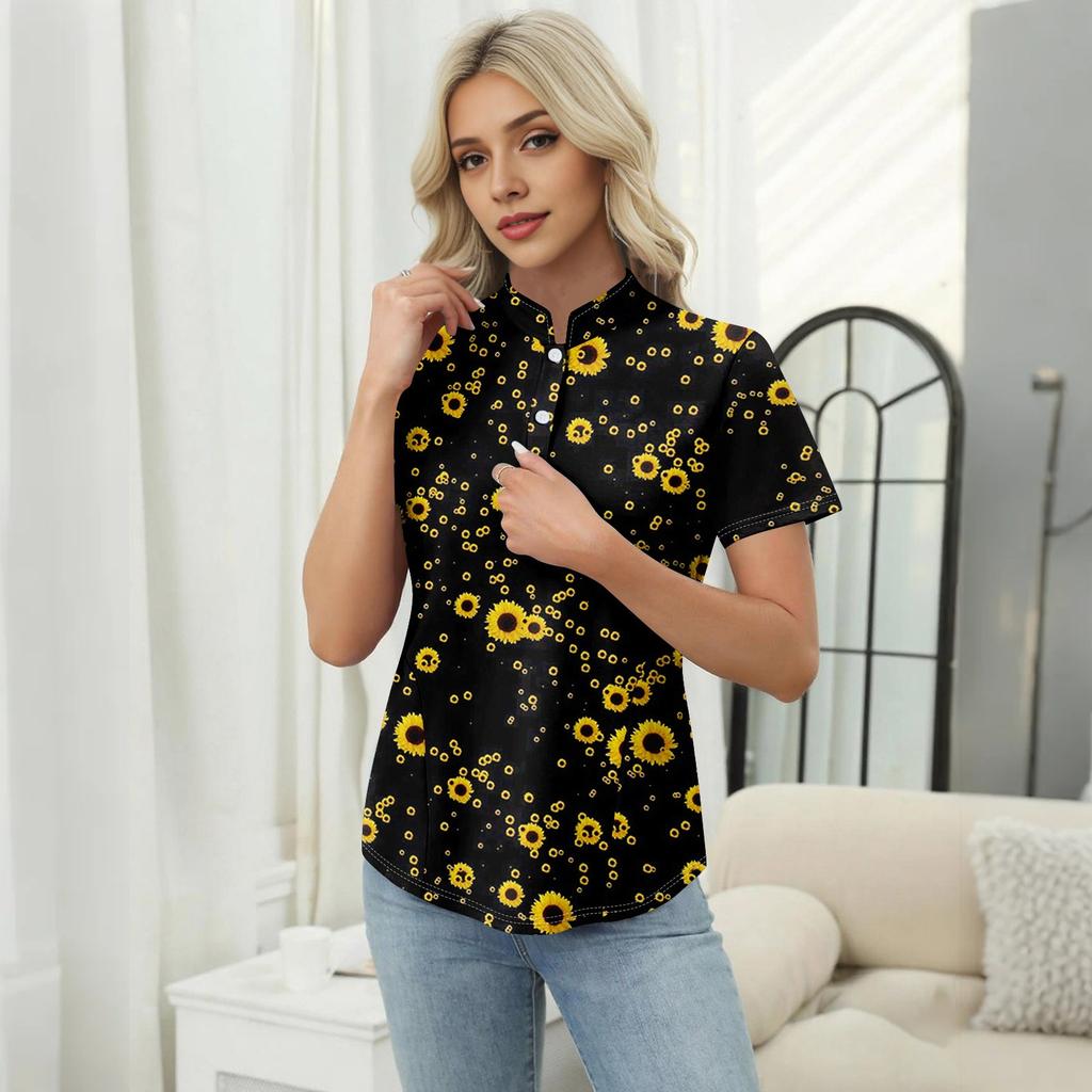 Women's Casual Floral Print V-Neck Short Sleeve Decorative Button T-Shirt Top