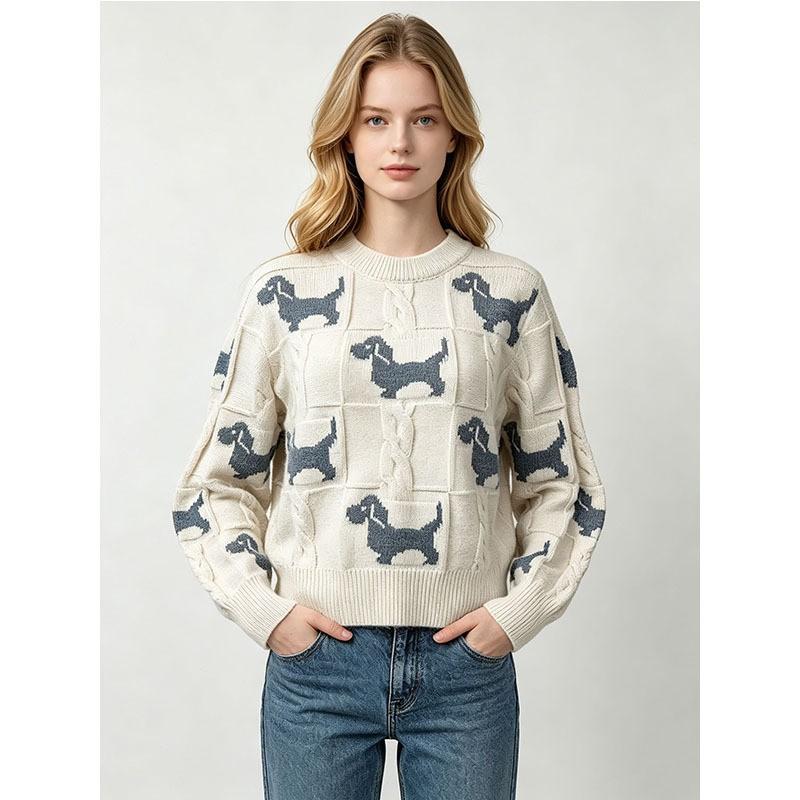 Womens Winter Jacquard Cable Knit Sweater Loose Fit Round Neck Long Sleeve Soft Nylon Pullover