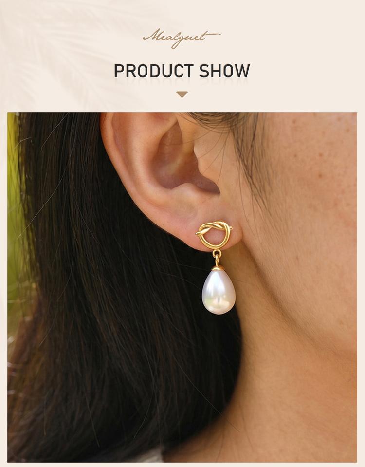 Drop Earrings with Knot Teardrop Pearl, 18K Gold Plated Stainless Steel Dangle Jewelry, Waterproof Anti-Tarnish Party Gift
