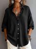 Womens Casual Loose Solid Color Long Sleeve Lapel Button Down Shirt