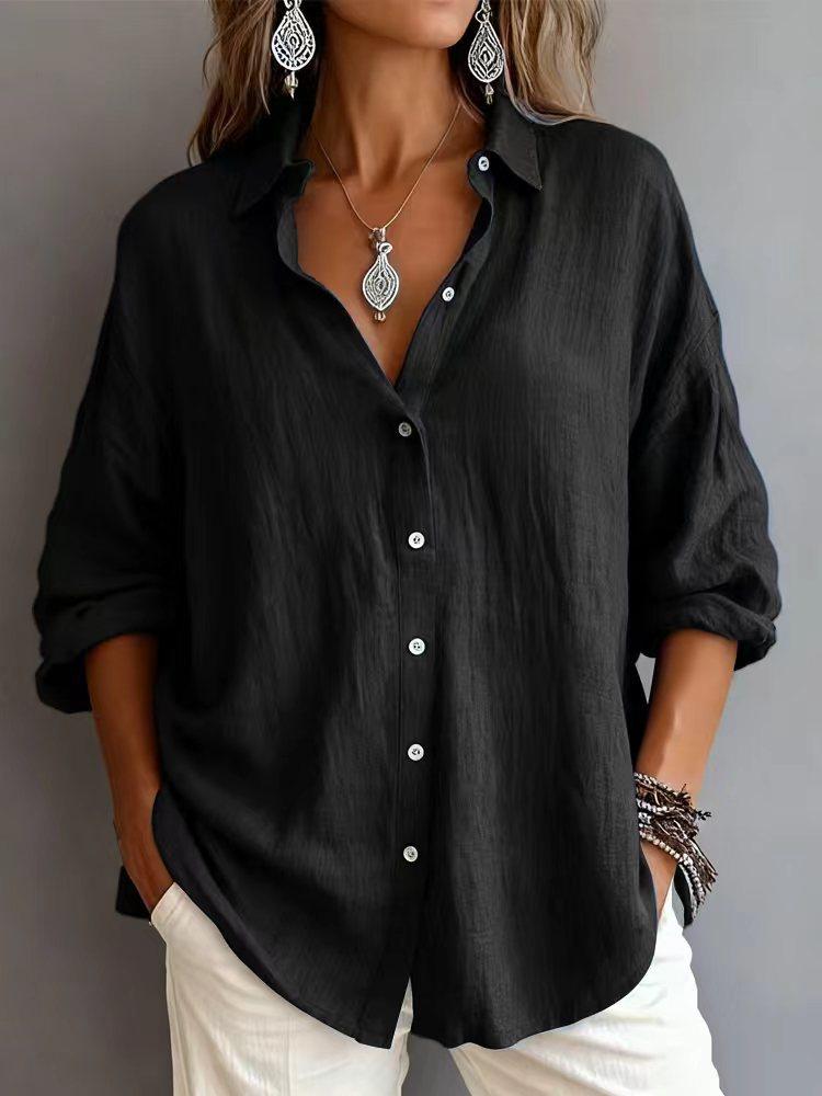 Womens Casual Loose Solid Color Long Sleeve Lapel Button Down Shirt