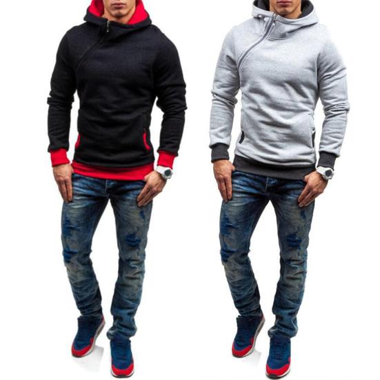 Autumn Winter Men Hoodie Slant Zipper Contrast Color Patchwork Pullover Thick Slim Fit Hooded Sweatshirt Streetwear
