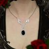 Victorian Gothic Filigree Engraving Edging Oval-shaped Gemstone Pendant Necklace for Women Halloween Party Jewelry Accessories