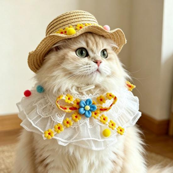 1 Set Cute Flower Cat Outfit Straw Sun Hat And Lace Ruffled Cat Bandana Bib Sweet Pet Accessory with Colorful Pom-Poms for Cats Dogs Photos Parties